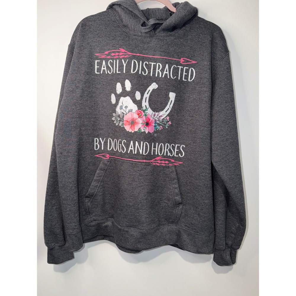 Port & Company Easily Distracted By Dogs And Horses Hoodie Gray Large